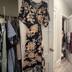Floral Wrap Dress - Black and Gold